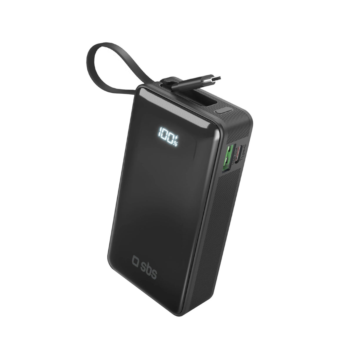 Powerbank SBS 10000 mAh 20W med indbygget USB-C-kabel og digital skærm - sort