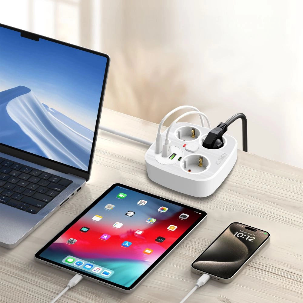 Tech-Protect PCS3X4 power strip, 3 sockets, 2xUSB-A, 2xUSB-C 200 cm - white