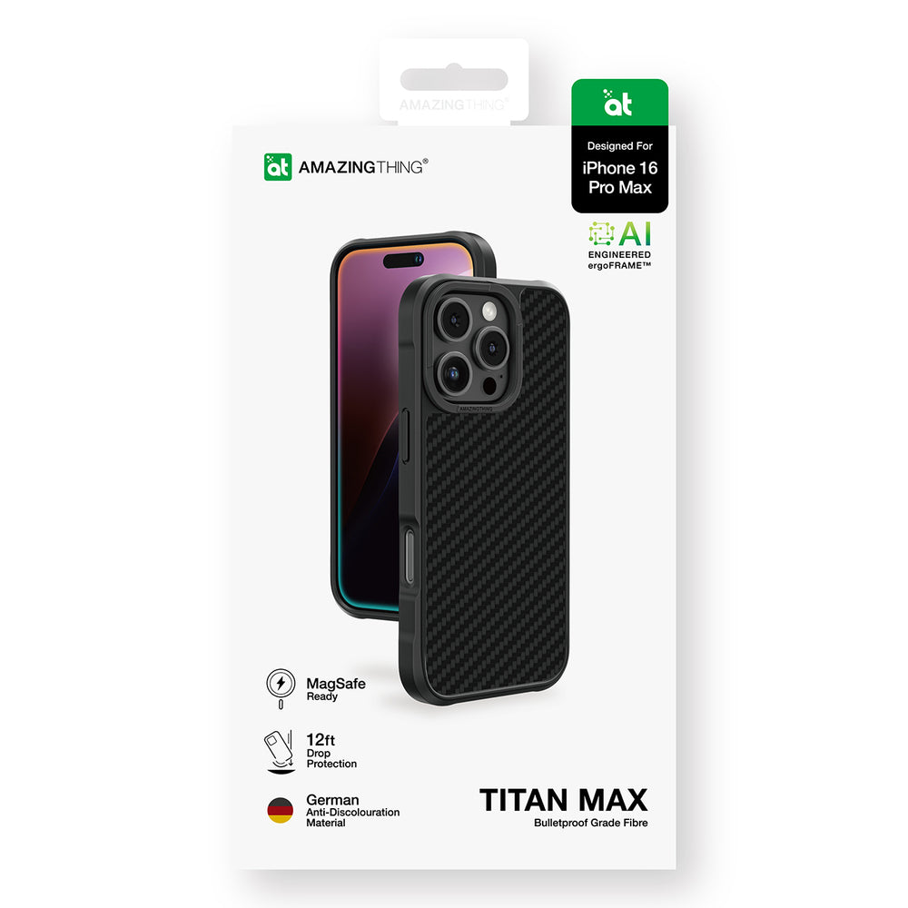 AmazingThing Titan Max Case med 1500D Aramid Fibers til iPhone 16 Pro Max - sort