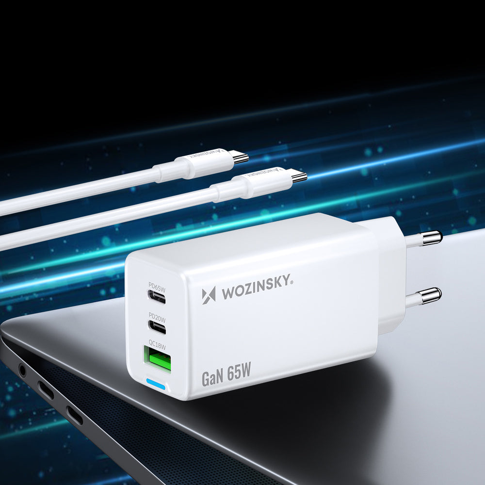 Wozinsky GaN 65W oplader med 2xUSB-C USB-porte med 65W CC kabel - hvid