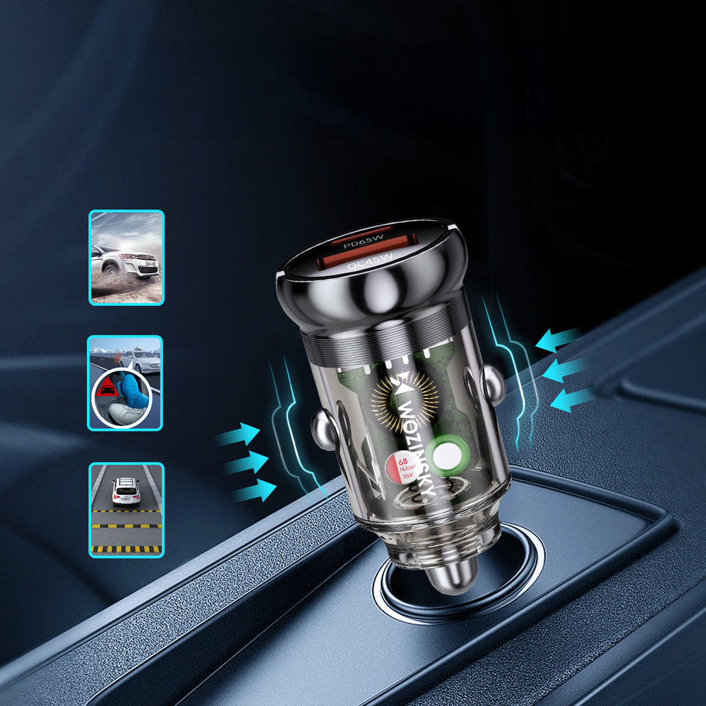 Wozinsky 65W Car Charger USB-C PD 65W / USB-A 45W QC 3.0 - Black