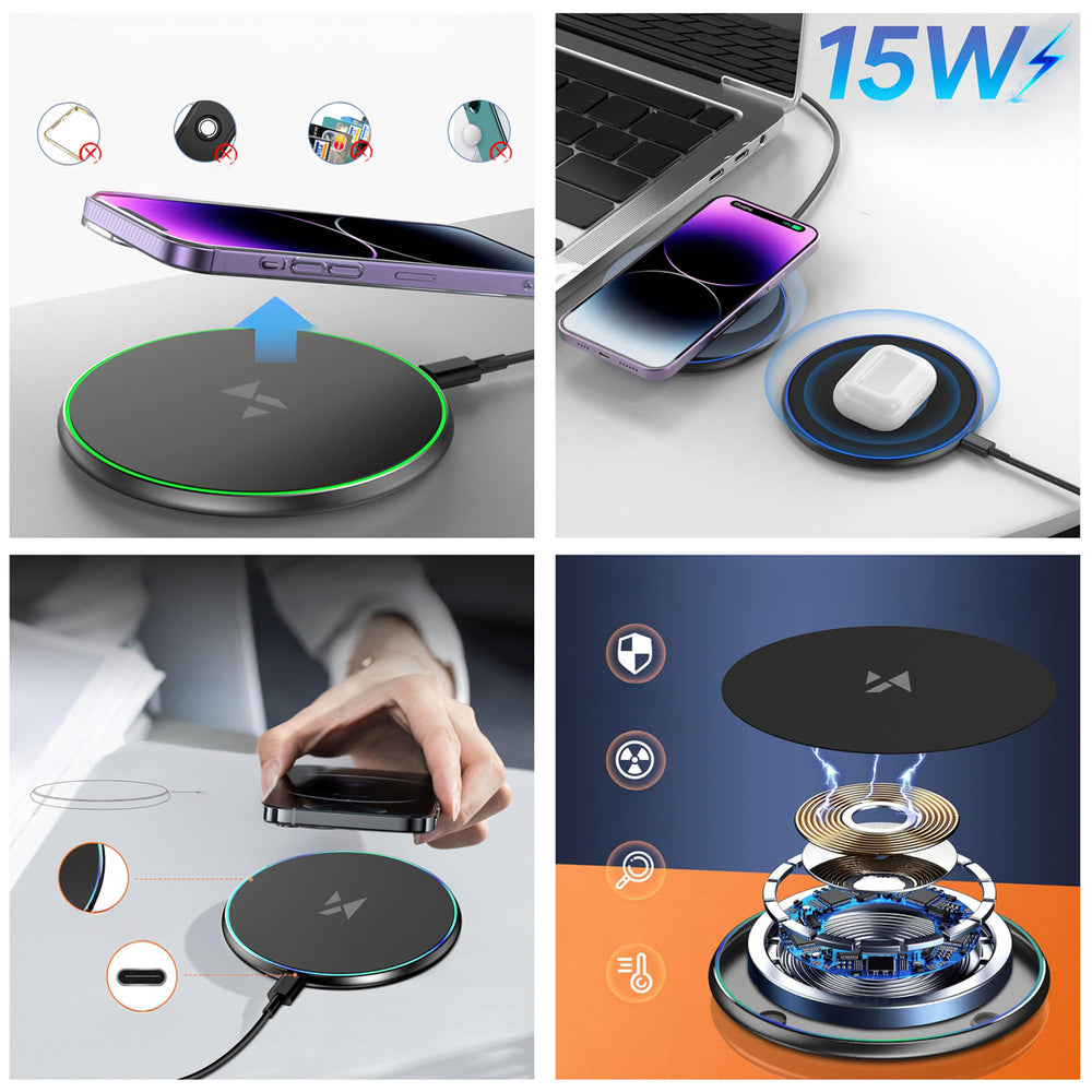 Wozinsky WLI-01Y 15W Qi induktiv oplader med USB-C-kabel - sort