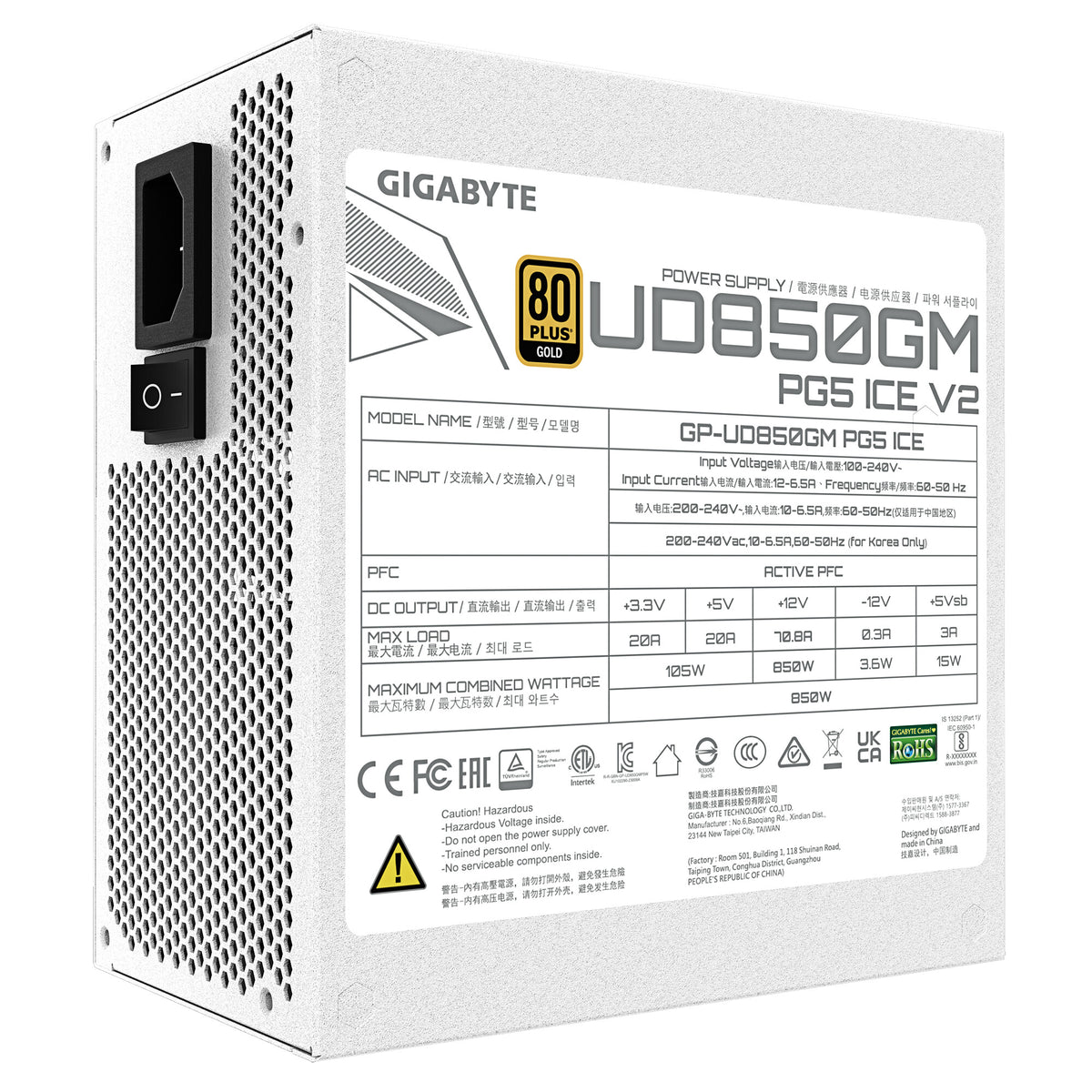 GIGABYTE UD850GM PG5 V2 ICE enhed til strømforsyning 850 W 20+4 pin ATX ATX Hvid