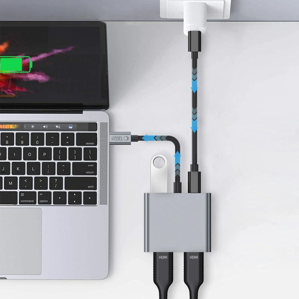 Tech-Protect HB08 4in1 USB-C + USB2.0 + 2 x HDMI 4K 60HZ adapter - grå