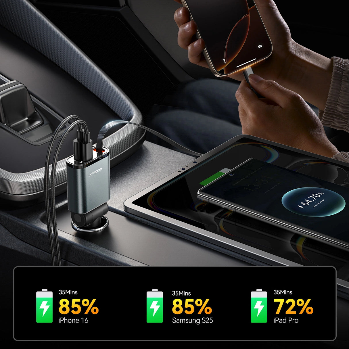 Joyroom JR-CCL07 3-i-1-biloplader med indbygget indtrækbart kabel - mørkgrå