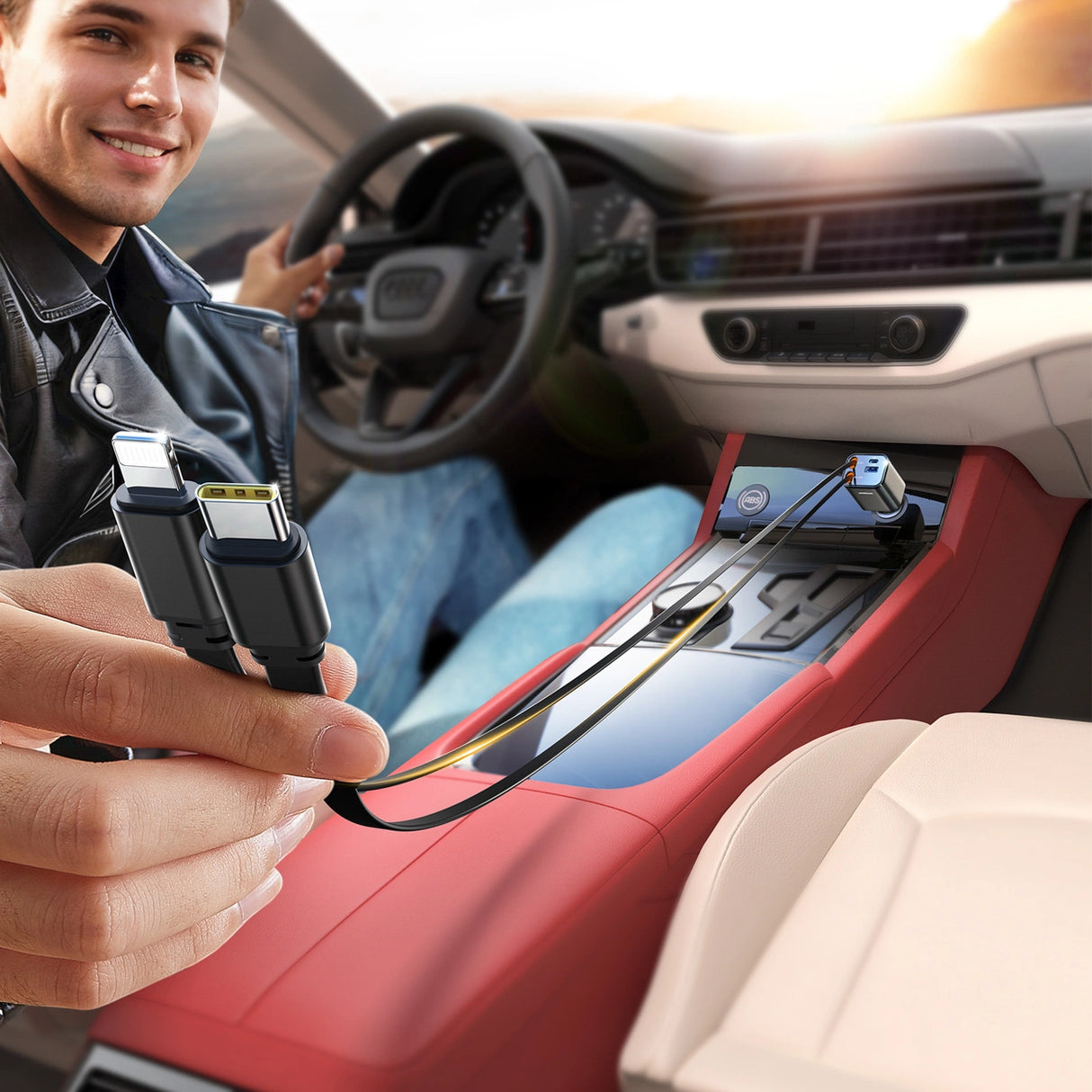 Joyroom JR-CCL05 30W 4-i-1-biloplader med 2 indbyggede indtrækbare kabler - mørkgrå