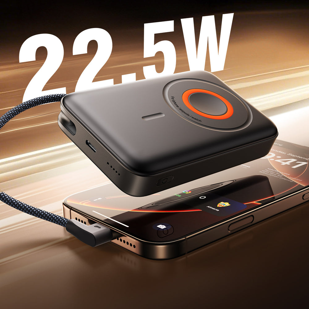 Joyroom JR-PBM02 Powerbank 22.5W 10000mAh 3in1 Magnetisk Induktiv Kompatibel med MagSafe med indbygget kabel - sort