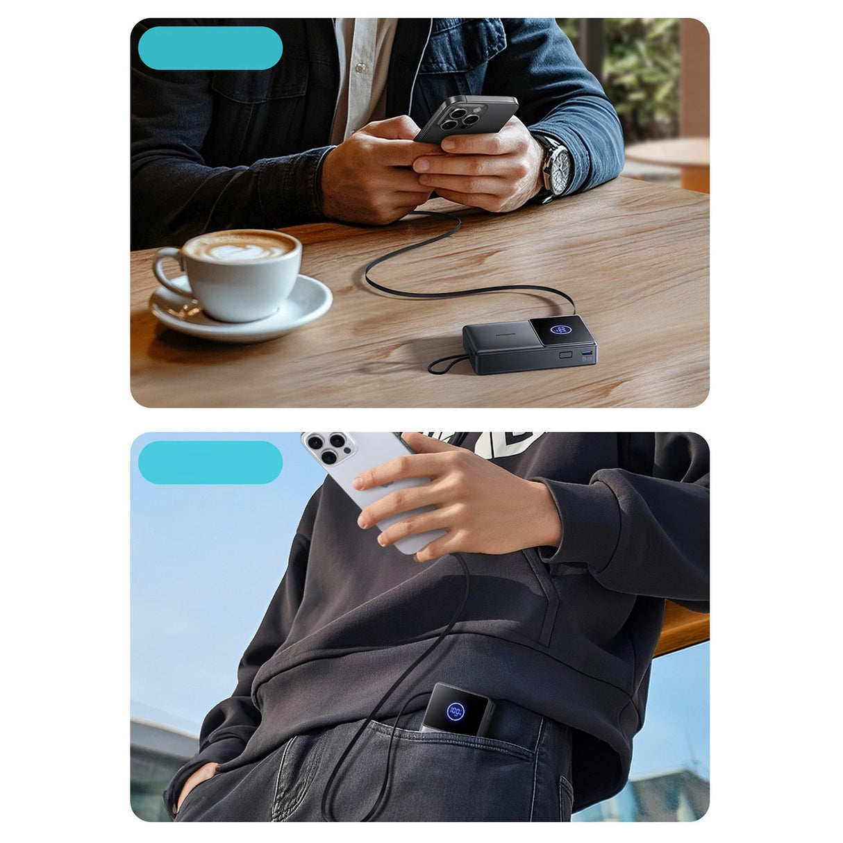 Joyroom JR-PR1 10000mAh 22.5W Powerbank med indbygget indtrækbart USB-C-kabel - sort