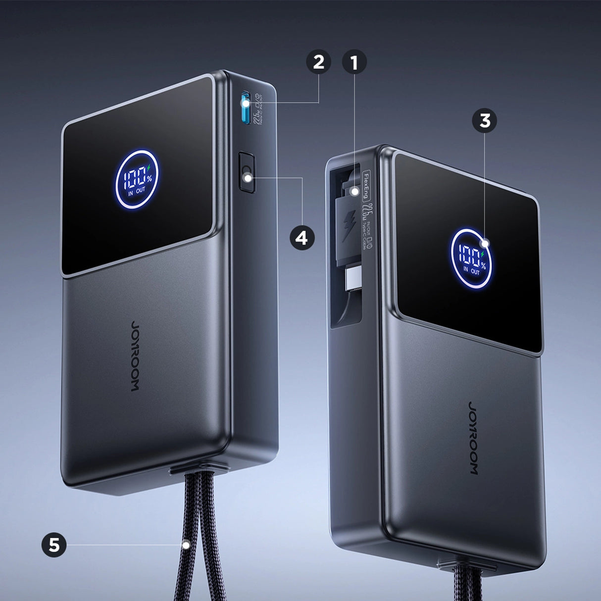 Joyroom JR-PR1 10000mAh 22.5W Powerbank med indbygget indtrækbart USB-C-kabel - sort