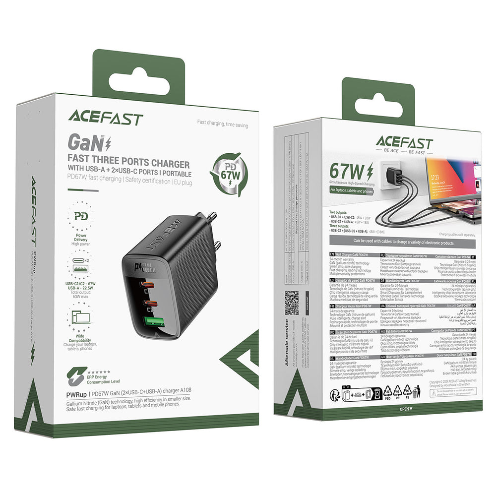 Acefast A108 GaN PD 67W 2xUSB-C 1xUSB-A Wall Charger - sort
