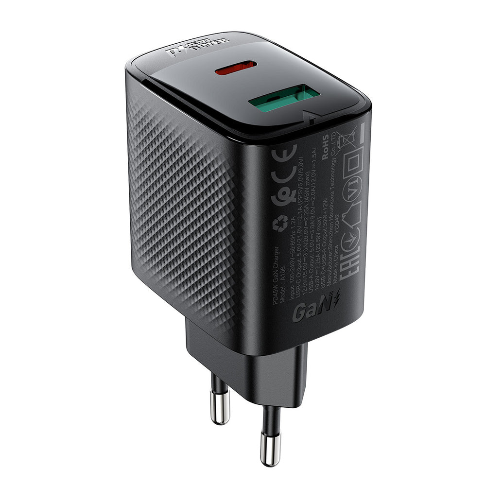 Acefast A106 GaN PD 45W USB-C USB-A Wall Charger - sort