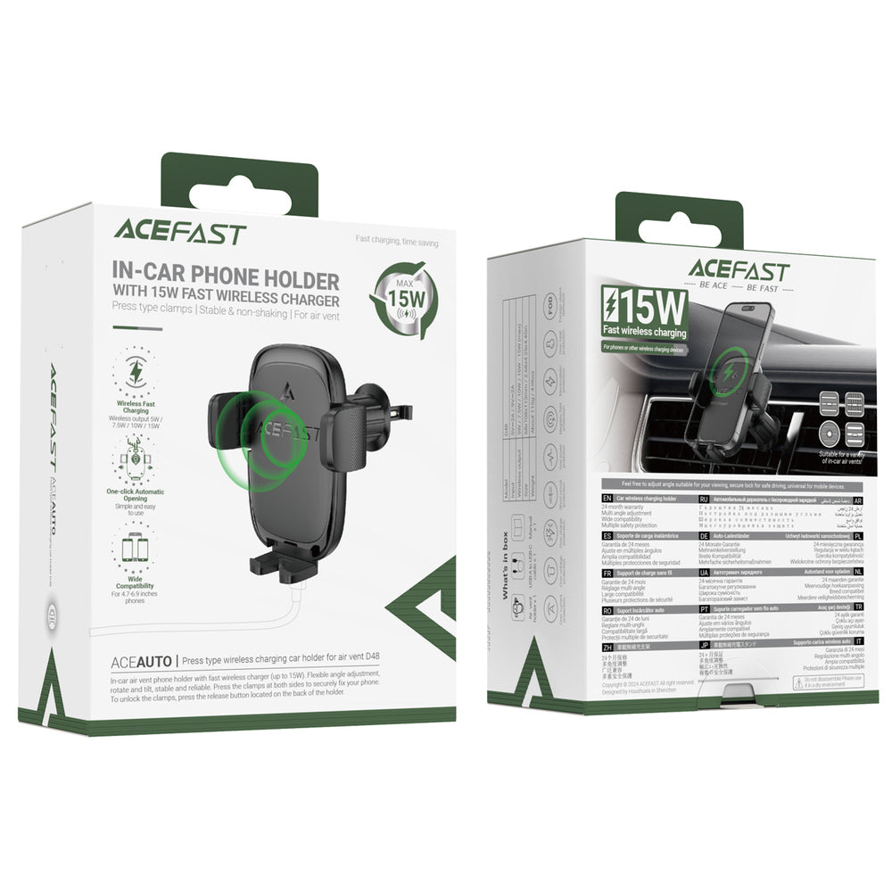 Acefast D48 Car Air Vent Mount med trådløs oplader - sort
