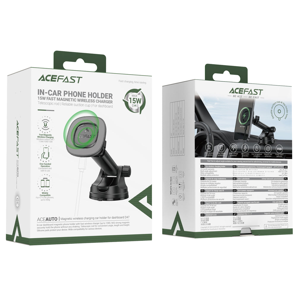Acefast D47 Magnetic Dashboard Mount with Wireless Charger - Black