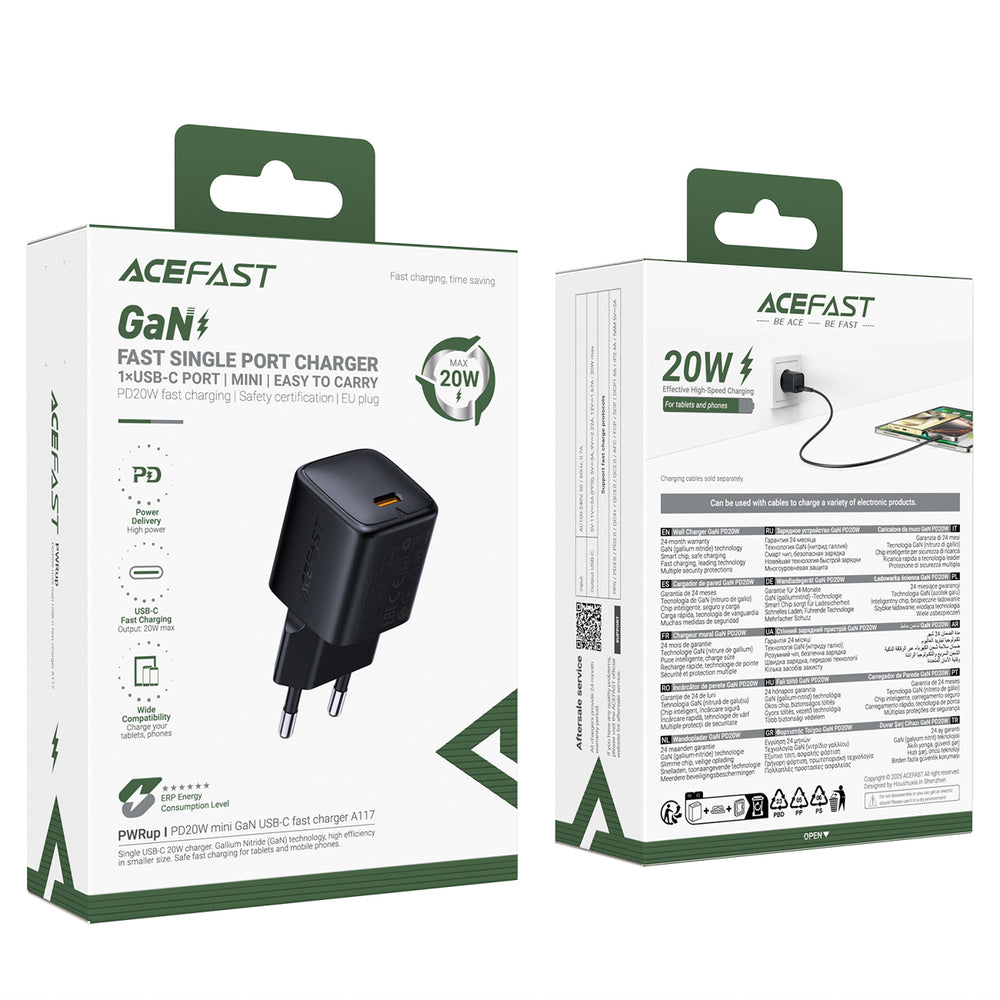 Acefast A117 GaN PD 20W USB-C Wall Charger - Black