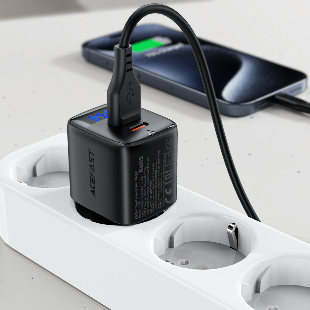 Acefast A116 GaN PD 35W USB-A USB-C Wall Charger with Display - Black
