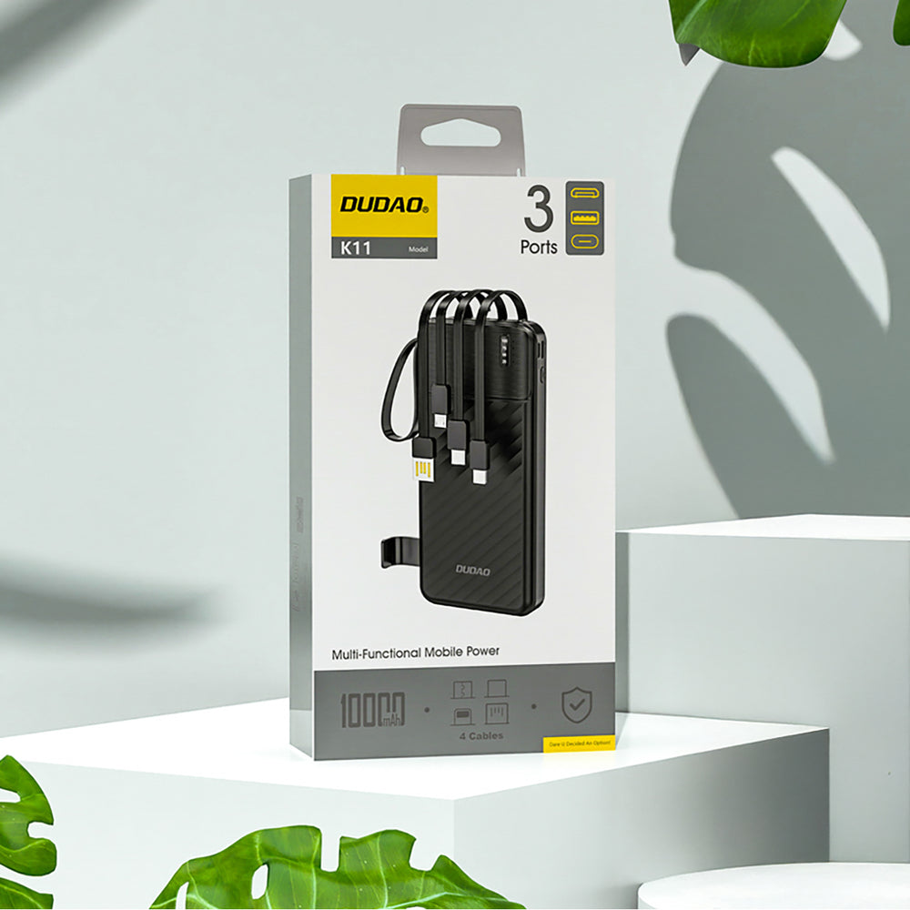 Dudao K11 10000mAh Powerbank med indbyggede kabler - sort