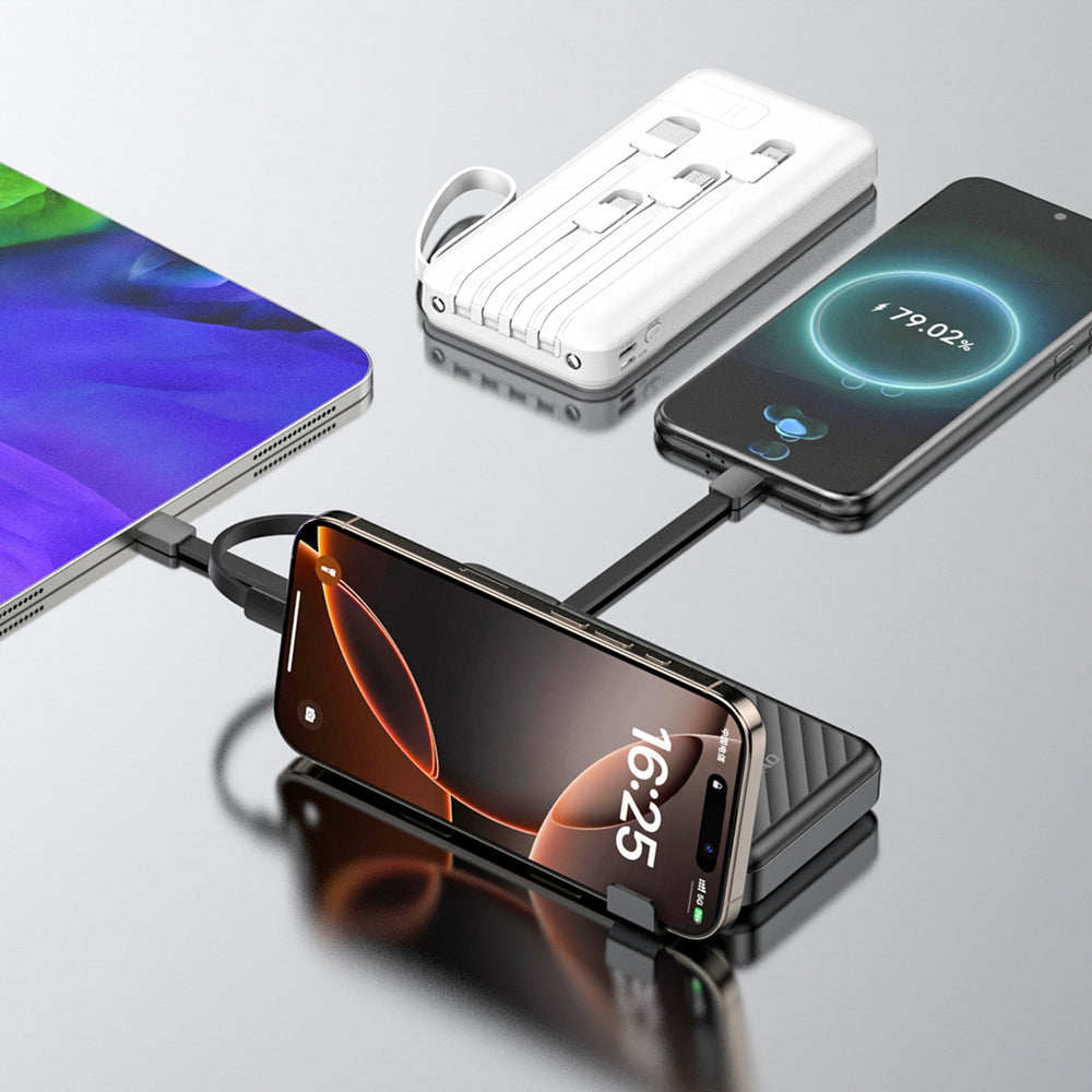 Dudao K11 10000mAh Powerbank med indbyggede kabler - hvid