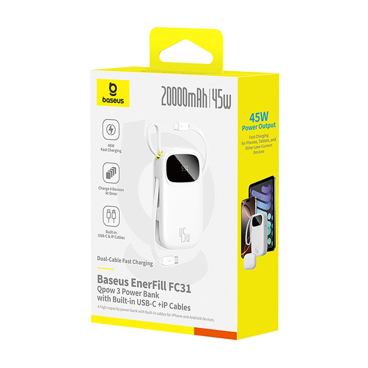 Baseus EnerFill FC31 20000mAh 45W Powerbank med digitalt display og 2 indbyggede kabler (USB-C + Lightning) - hvid