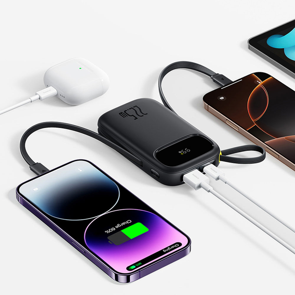 Baseus EnerFill FC31 QPow3 10000mAh 22.5W Powerbank with Digital Display and 2 Built-in Cables (USB-C + Lightning) - Black