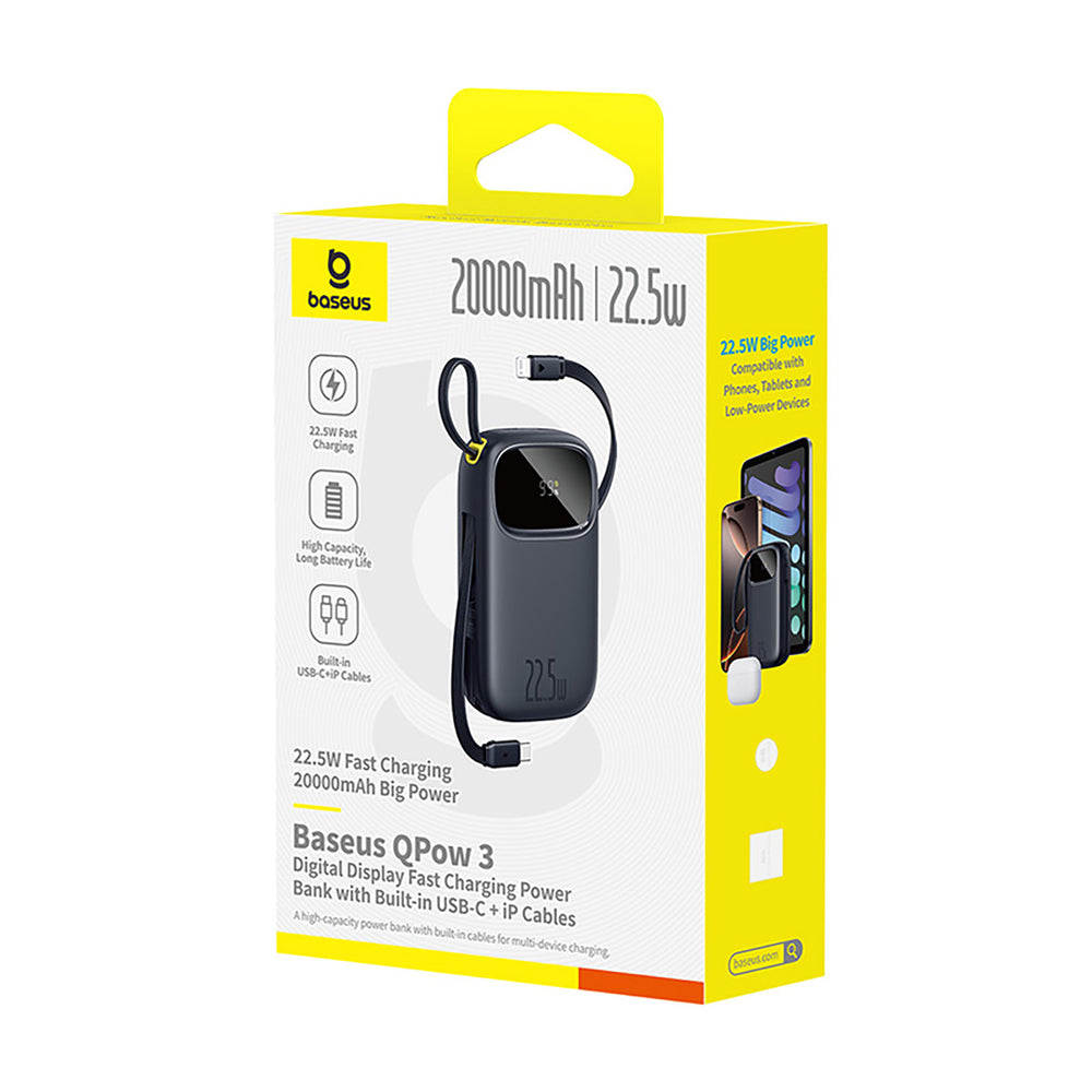 Baseus EnerFill FC31 QPow3 20000mAh 22.5W Powerbank with Digital Display and 2 Built-in Cables (USB-C + Lightning) - Black