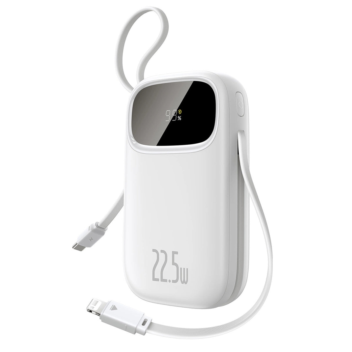 Baseus EnerFill FC31 20000mAh 22.5W Powerbank med digitalt display og 2 indbyggede kabler (USB-C + Lightning) - hvid