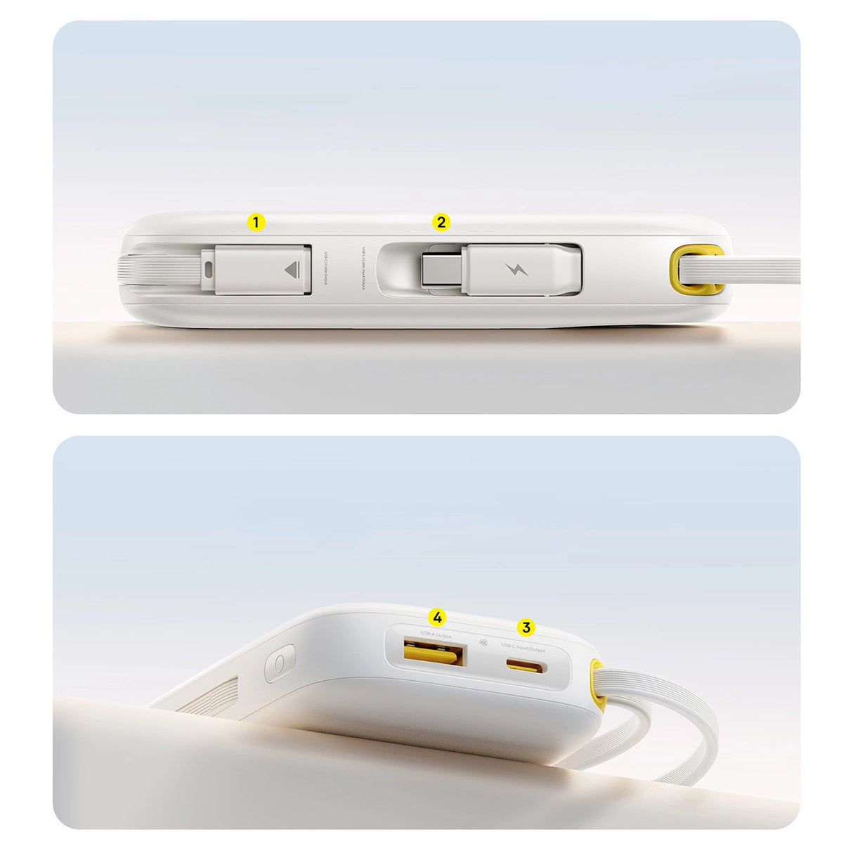 Baseus EnerFill FC31 20000mAh 22.5W Powerbank med digitalt display og 2 indbyggede kabler (USB-C + Lightning) - hvid