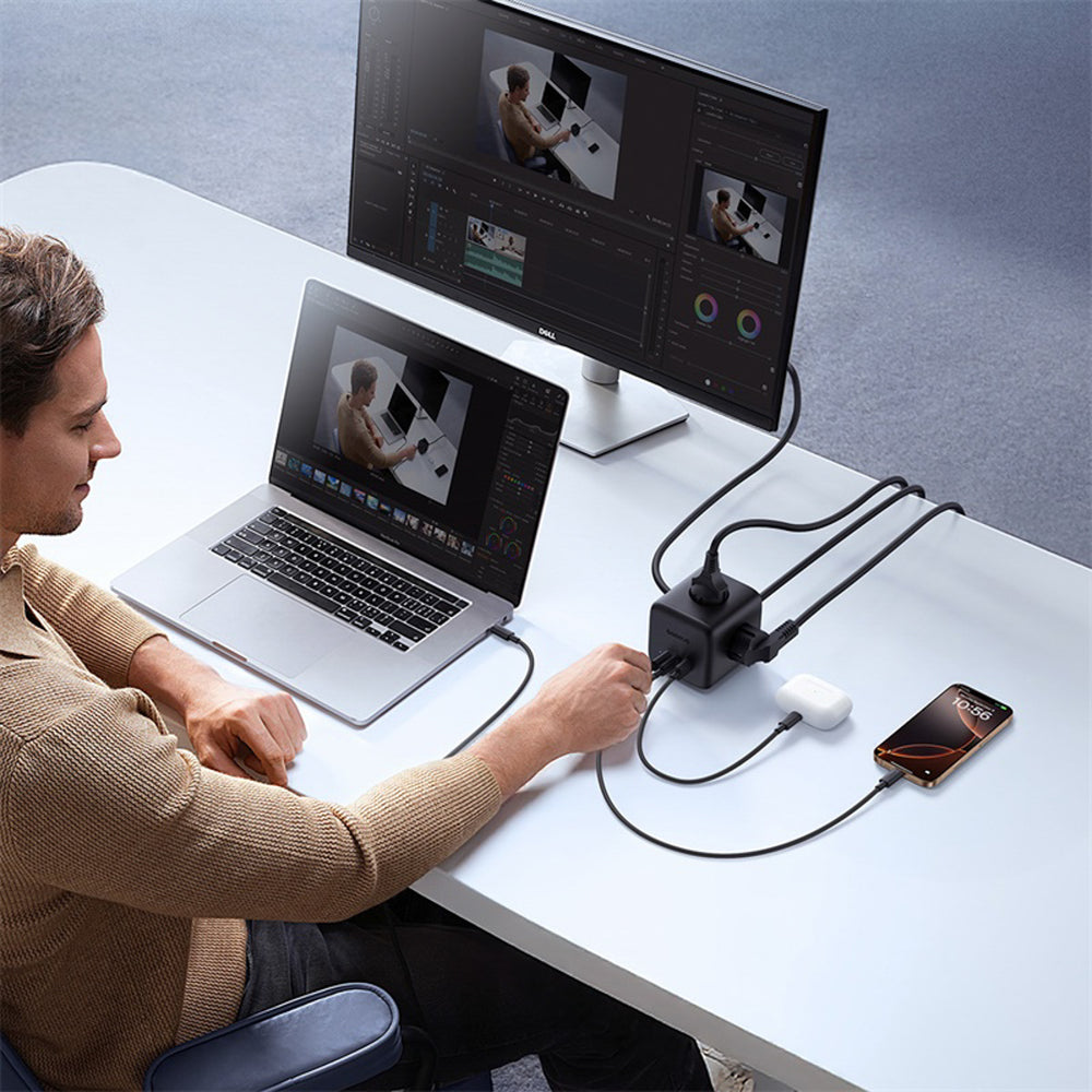 Baseus EnerFill FA11 67W Power Strip, USB-A + USB-C Cube + 3 x EU Socket 1,5 m - sort