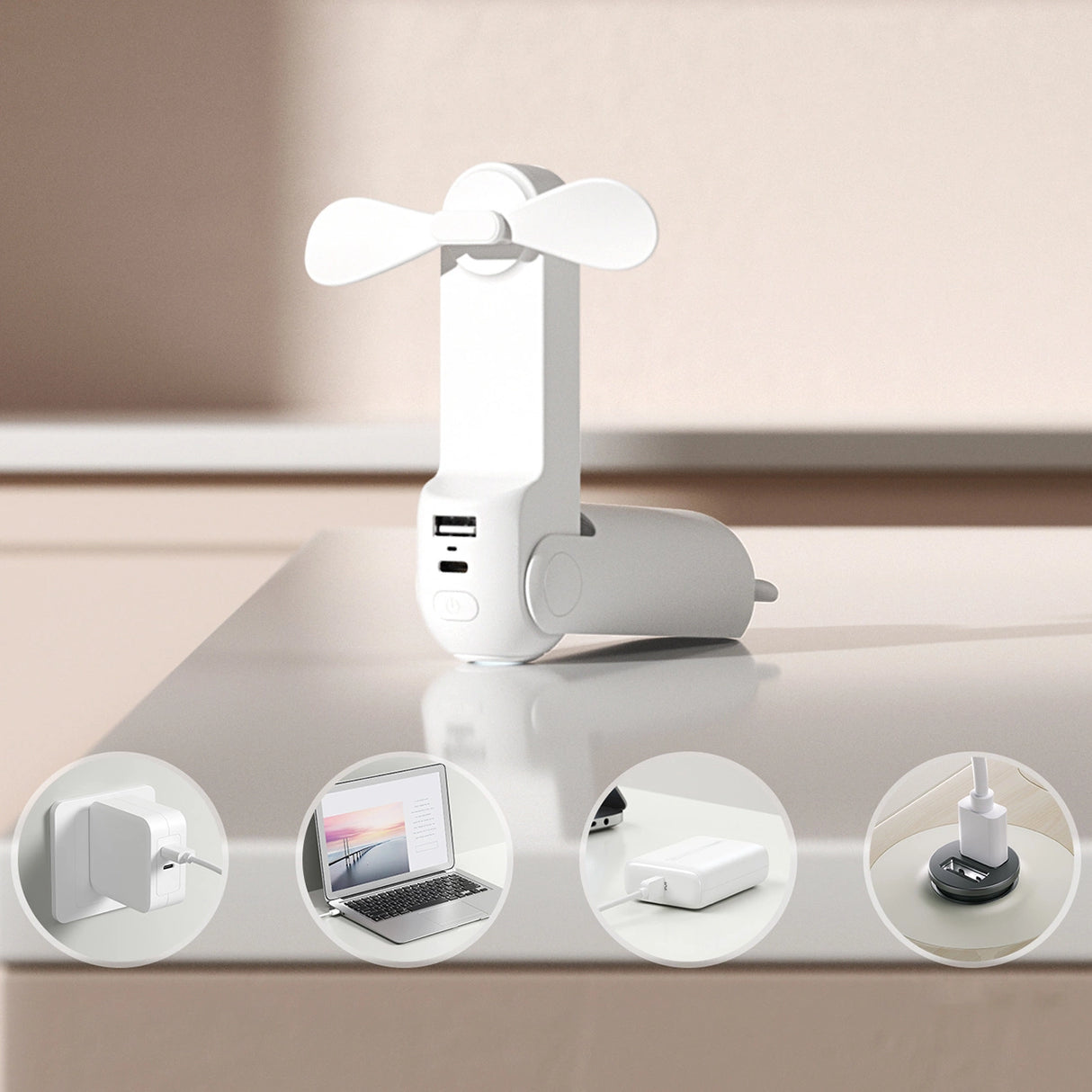 Jisulife håndholdt ventilator Life8 bærbar USB-ventilator med Power Bank-funktion 2000mAh og lommelygte - hvid