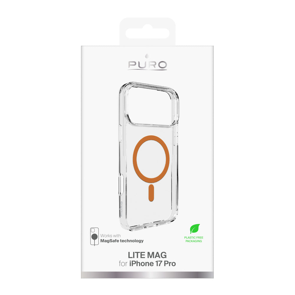 Puro Lite Mag TPU+PC Case Kompatibel med MagSafe til iPhone 17 Pro - Transparent med orange ring