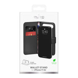 Puro Wallet Stand Case til iPhone 17 Air fremstillet af miljøvenligt læder, med flap, tegnebog og standfunktion - sort
