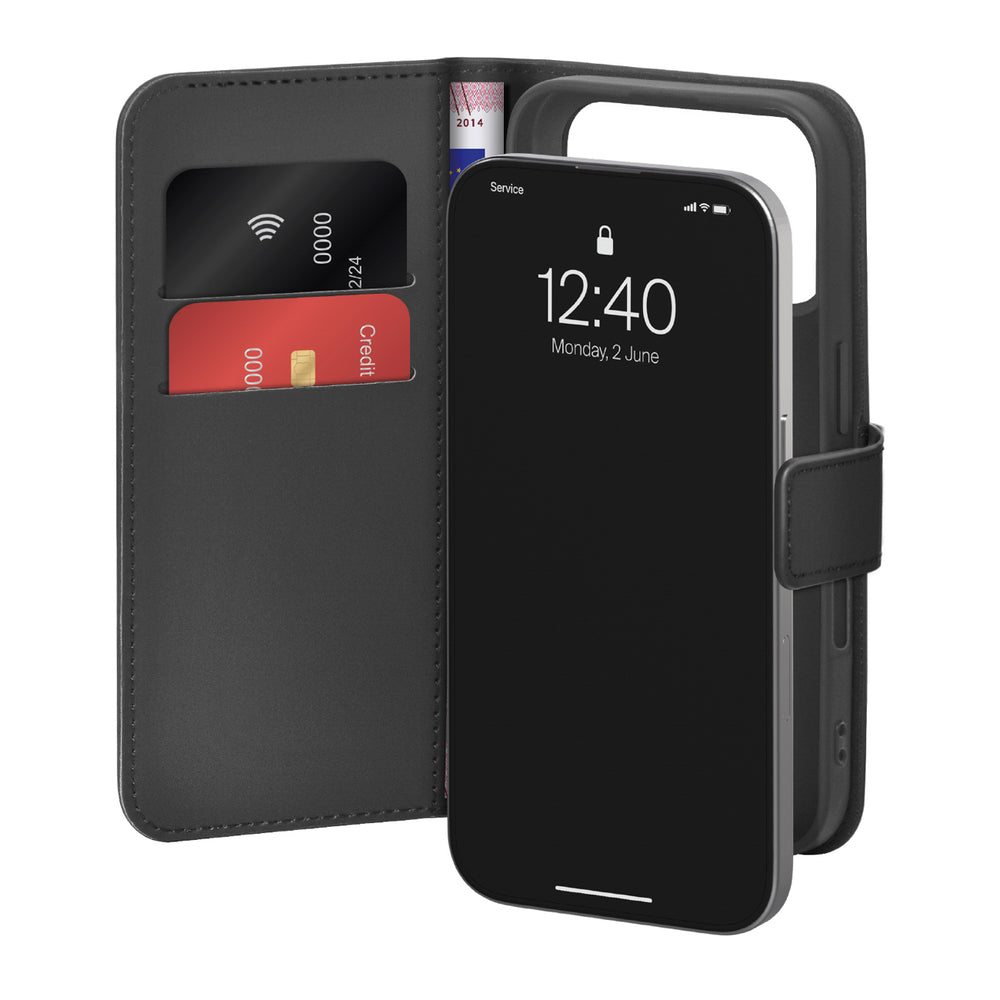 Puro Wallet Stand Case til iPhone 17 Pro Lavet af miljøvenligt læder, med flap, wallet og standfunktion - sort