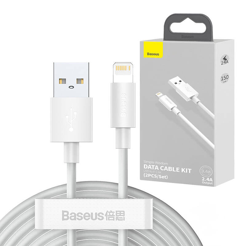 Baseus Simple Wisdom Data Cable Kit USB til Lightning 2,4A (2PCS/Set) 1,5m Hvid