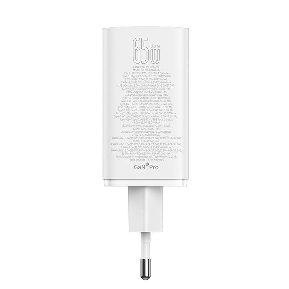Baseus GaN6 Pro oplader 65W 2 x USB-C 2 x USB-A med sort USB-C kabel 100W 1m - hvid