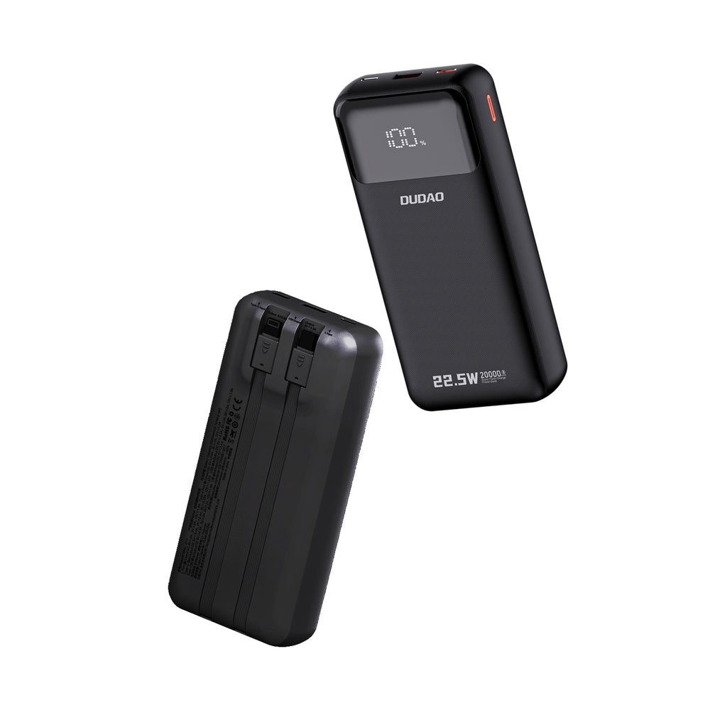 Dudao K15Pro Power Bank 20000mAh 22.5W PD USB-C / USB-A / Indbygget Lightning og USB-C Kabler - sort