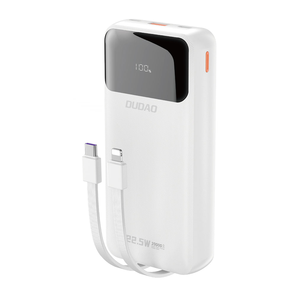 Dudao K15Pro Power Bank 20000mAh 22.5W PD USB-C / USB-A / Indbygget Lightning og USB-C Kabler - Hvid
