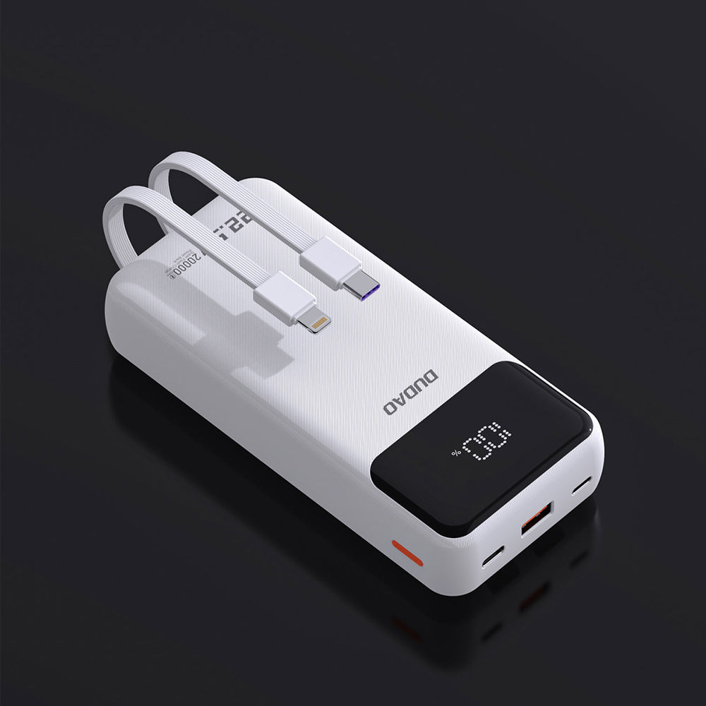 Dudao K15Pro Power Bank 20000mAh 22.5W PD USB-C / USB-A / Indbygget Lightning og USB-C Kabler - Hvid