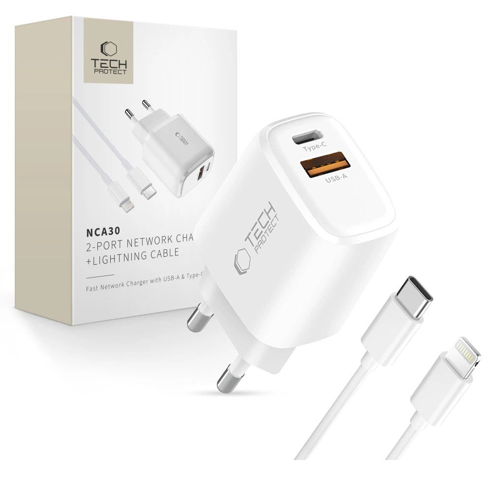 Tech-Protect NCA30 PD 30W QC3.0 USB-A / USB-C Wall Charger + USB-C / Lightning Cable 100 cm - hvid