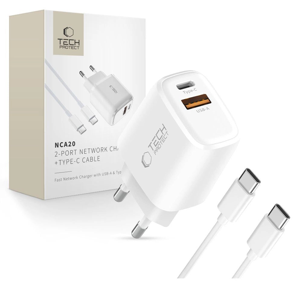 Tech-Protect NCA20 PD 20W QC3.0 USB-A / USB-C Wall Charger + USB-C / USB-C Cable 100 cm - hvid