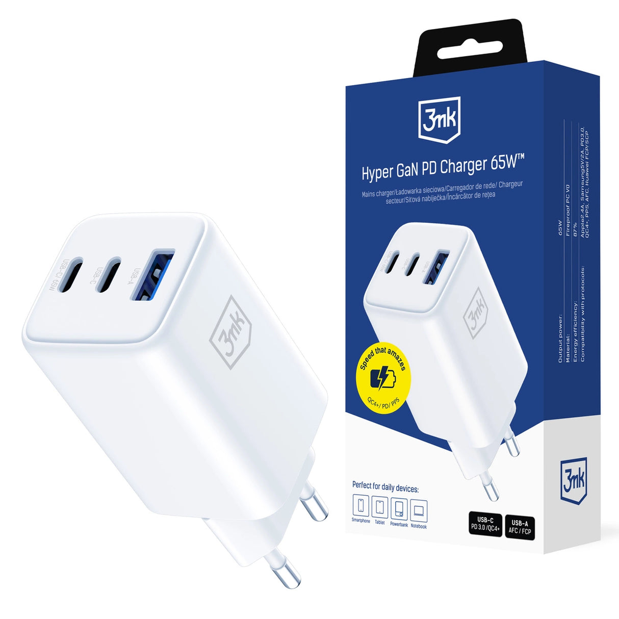USB-C USB-A 3mk Hyper GaN PD-oplader 65WTM - hvid