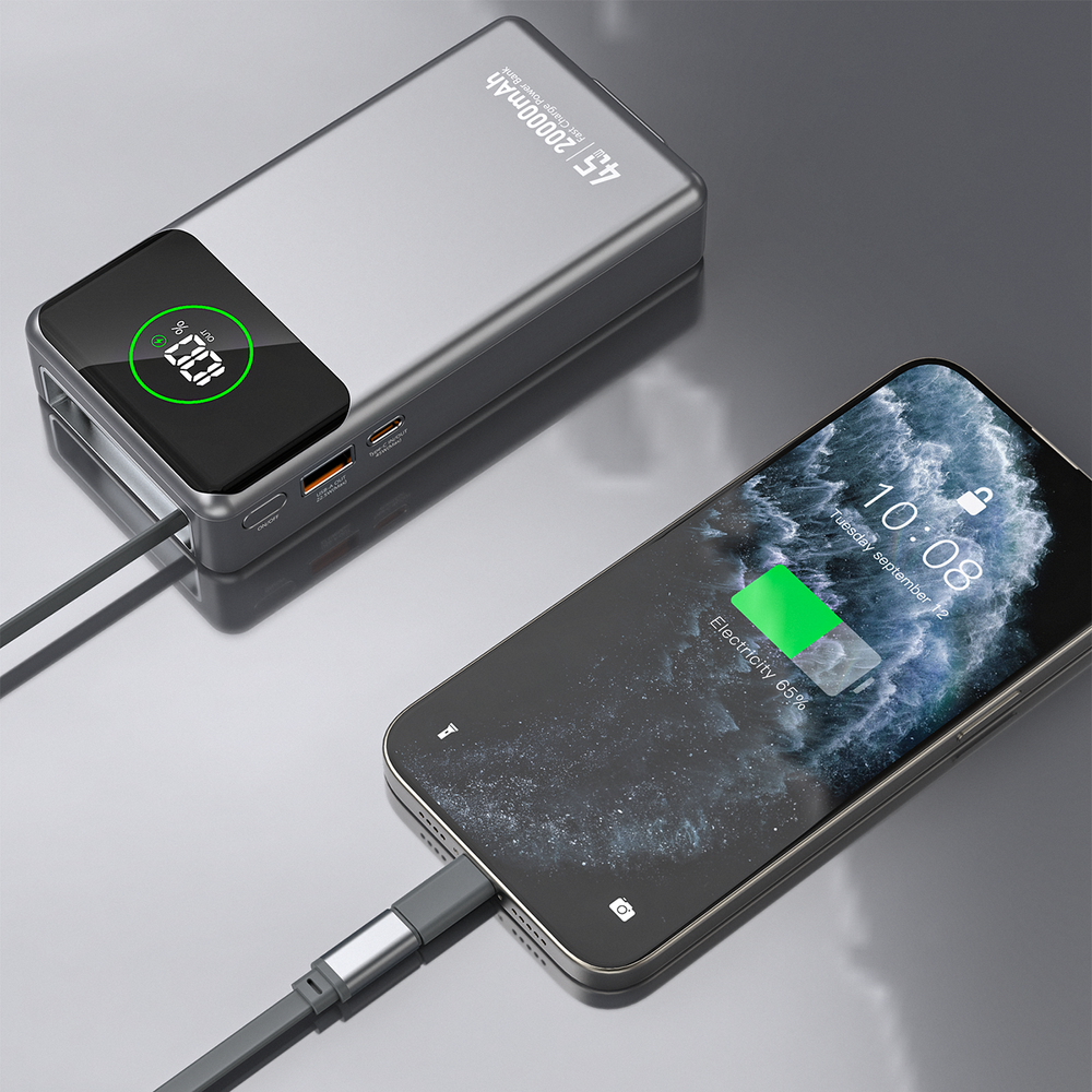 Dudao K31 Pro 45W 20000mAh Power Bank med indbygget indtrækbart USB-C-kabel - Grå
