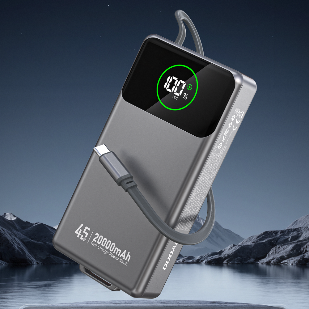 Dudao K31 Pro 45W 20000mAh Power Bank med indbygget indtrækbart USB-C-kabel - Grå