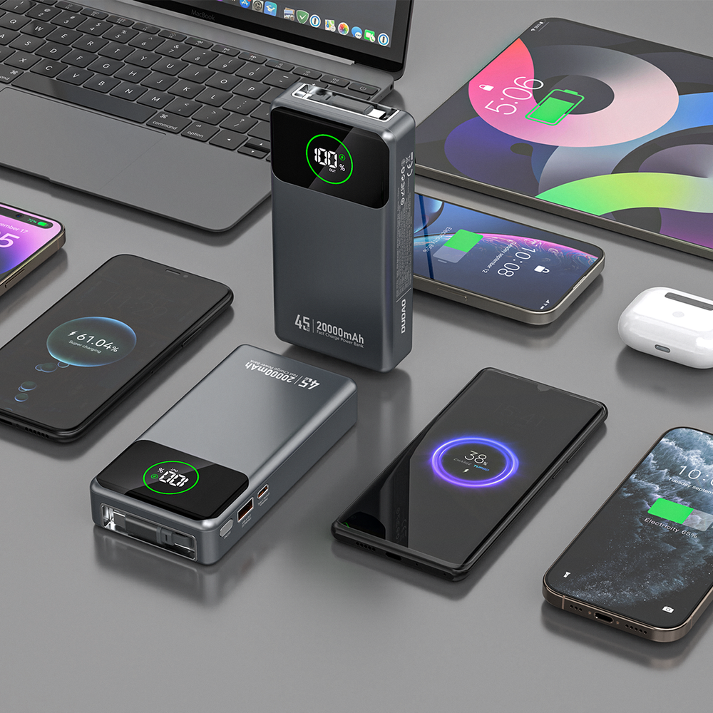 Dudao K31 Pro 45W 20000mAh Power Bank med indbygget indtrækbart USB-C-kabel - Grå