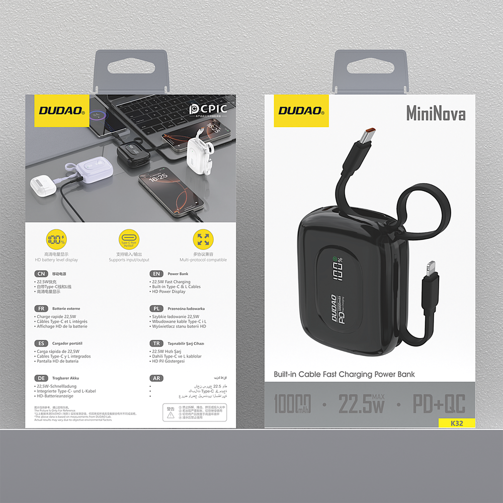 Dudao K32 Powerbank 22.5W 10000 mAh med indbygget USB-C / Lightning Cable - sort