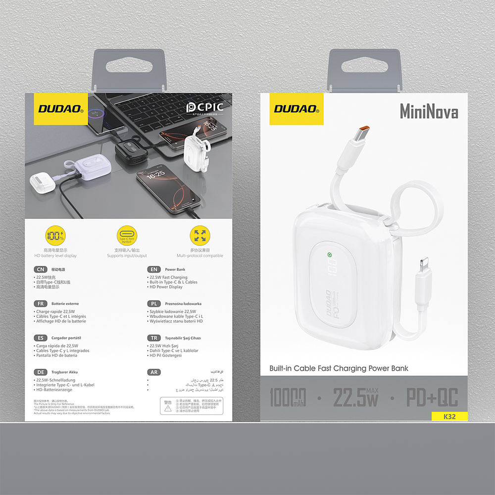Dudao K32 22.5W 10000 mAh Powerbank med indbygget USB-C / Lightning Cable - hvid