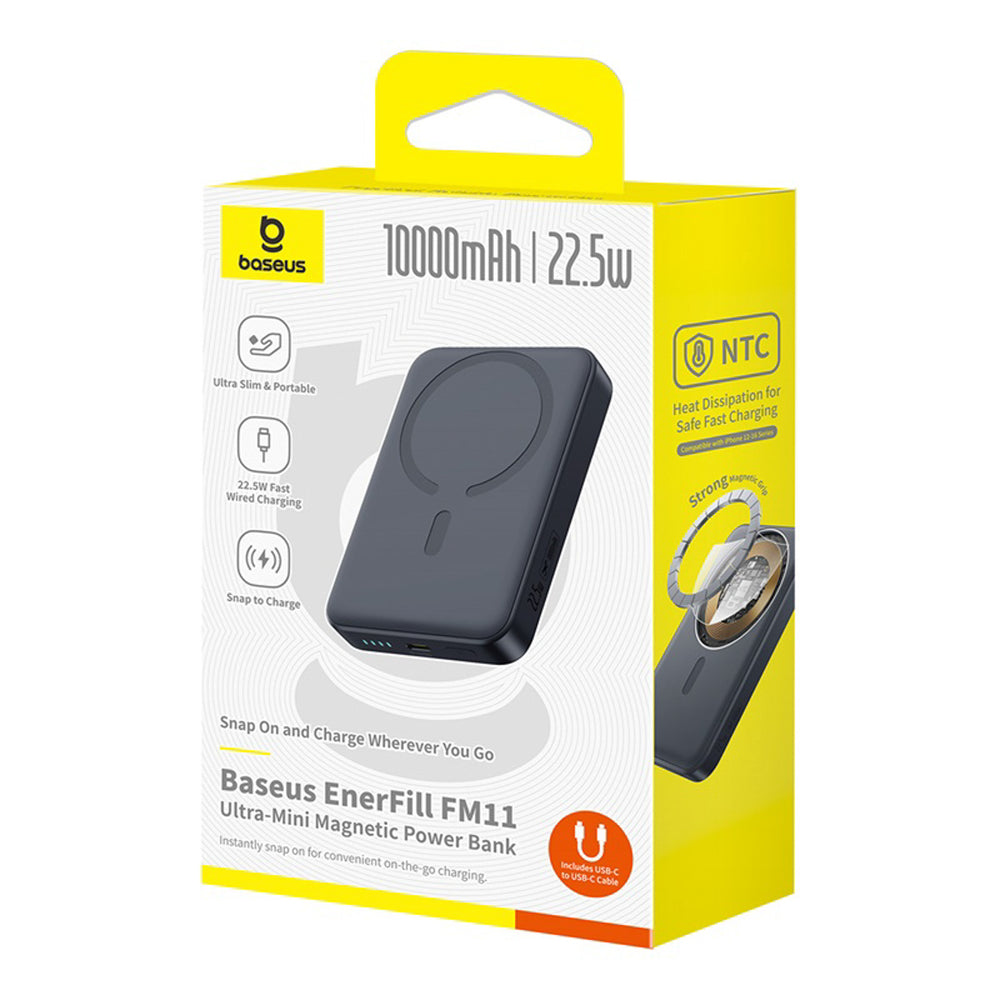 Baseus EnerFill FM11 Ultra-Mini 10000mAh 22.5W MagSafe Kompatibel Power Bank med Baseus Simple USB-C 20V/3A 30cm Kabel - sort