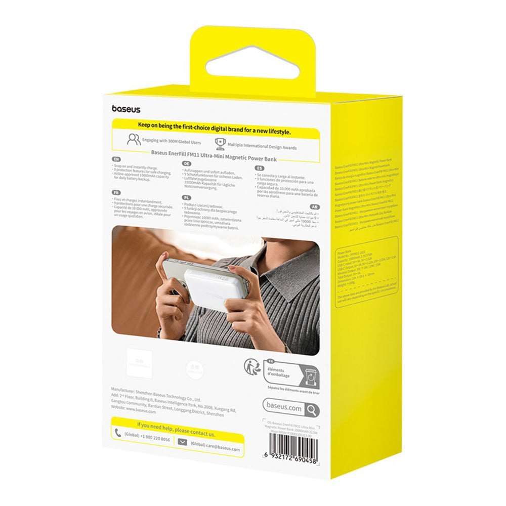 Baseus EnerFill FM11 Ultra-Mini 10000mAh 22.5W MagSafe Kompatibel Power Bank med Baseus Simple USB-C 20V/3A 30cm Kabel - Hvid