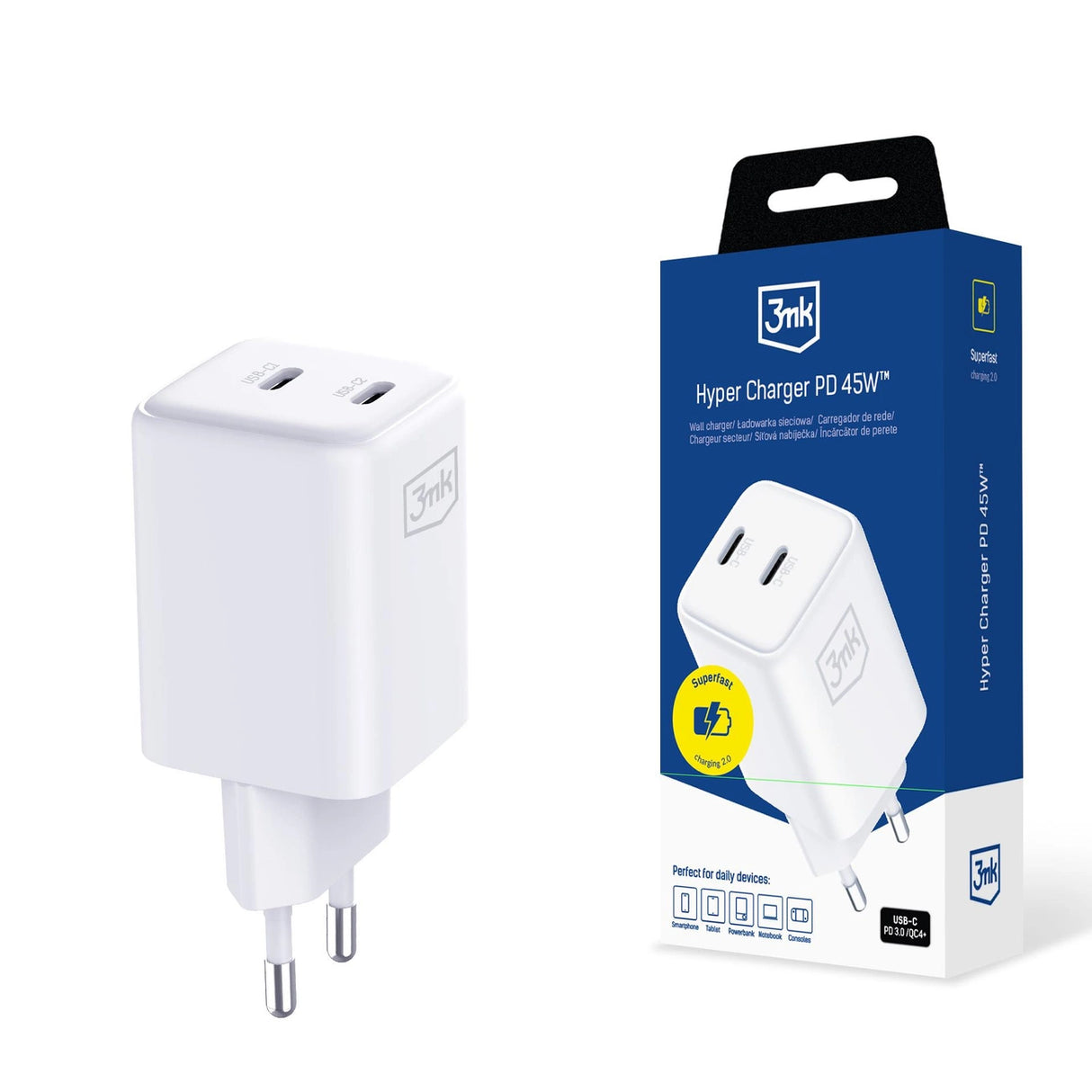 3mk Hyper Charger PD 45W QC4+ PPS 2C Super-Fast Charge 2.0 Wall Charger - Hvid