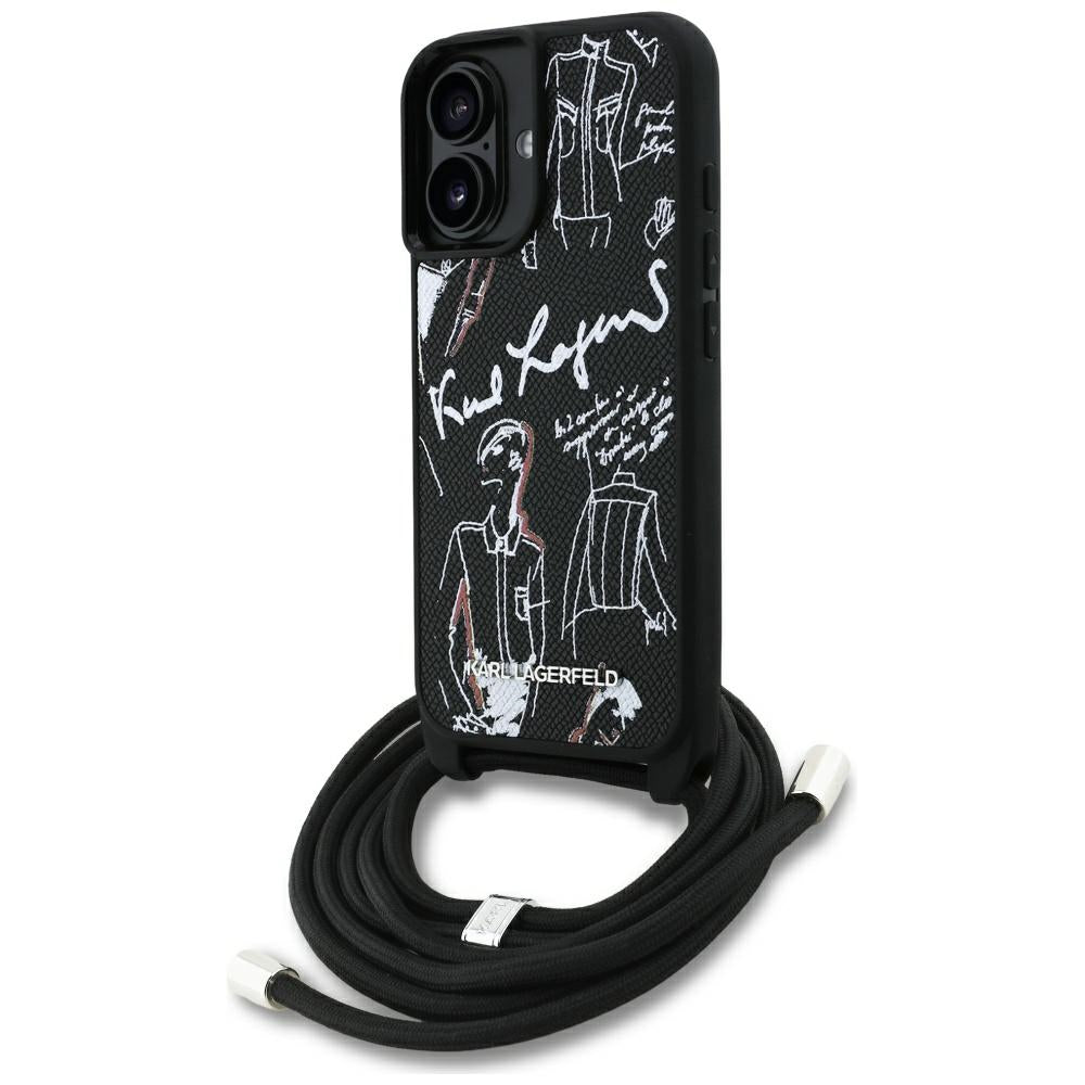 Karl Lagerfeld Crossbody Grained Pattern & Logo Case for iPhone 16 - Black
