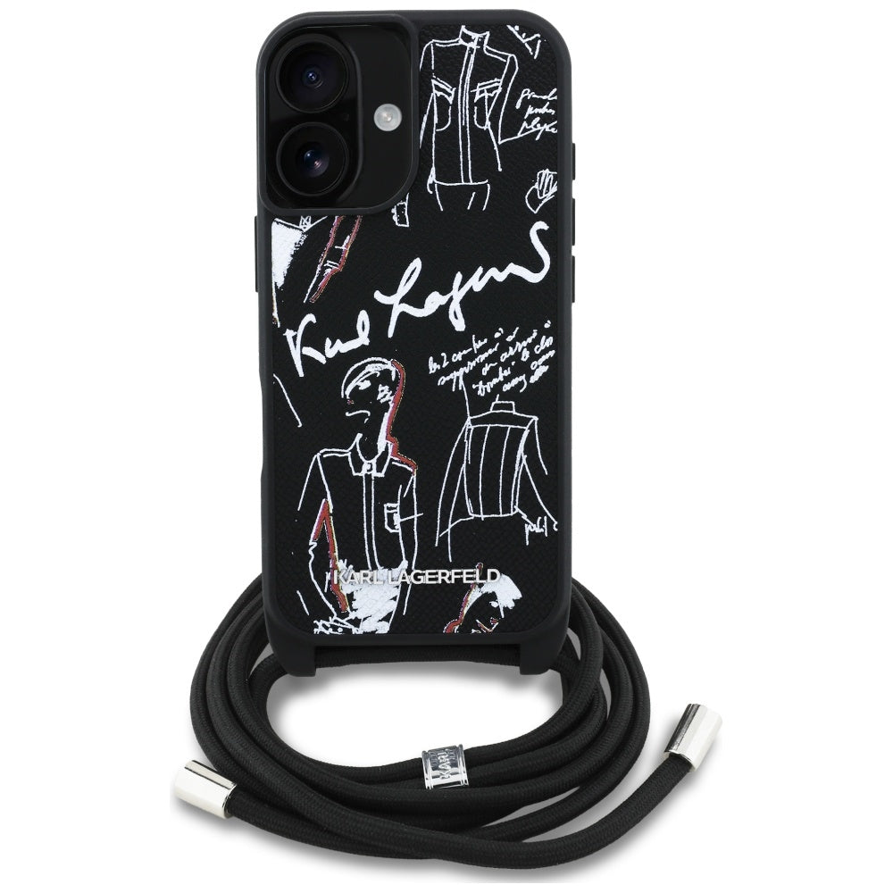 Karl Lagerfeld Crossbody Grained Pattern & Logo Case for iPhone 16 - Black