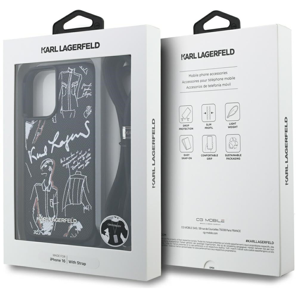 Karl Lagerfeld Crossbody Grained Pattern & Logo Case for iPhone 16 - Black
